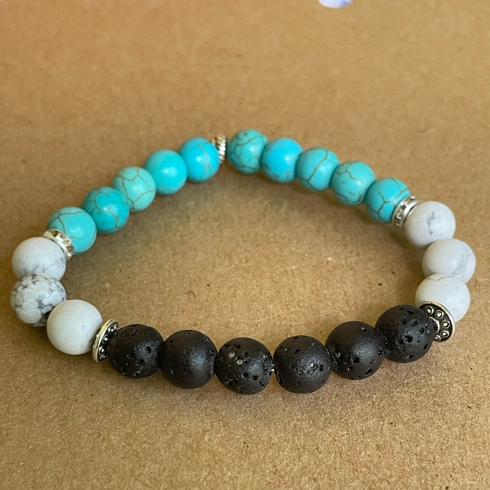 Handmade Natural Stone Bracelet- Lava Stone, Howlite, and Turquoise Bracelet